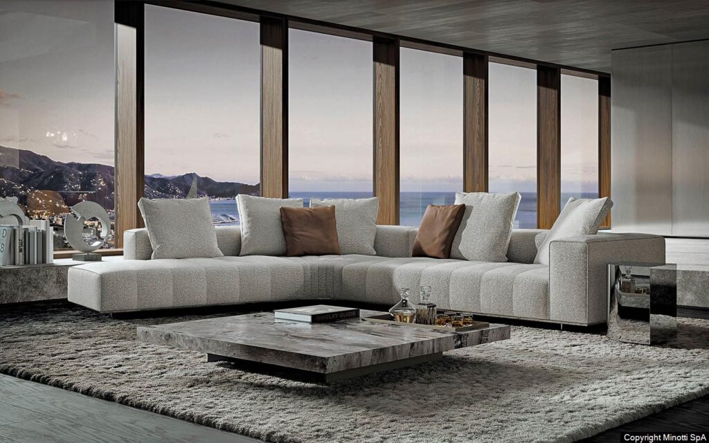 Minotti Goodman Curved interieur sfeerfoto living bank met lichte bekleding