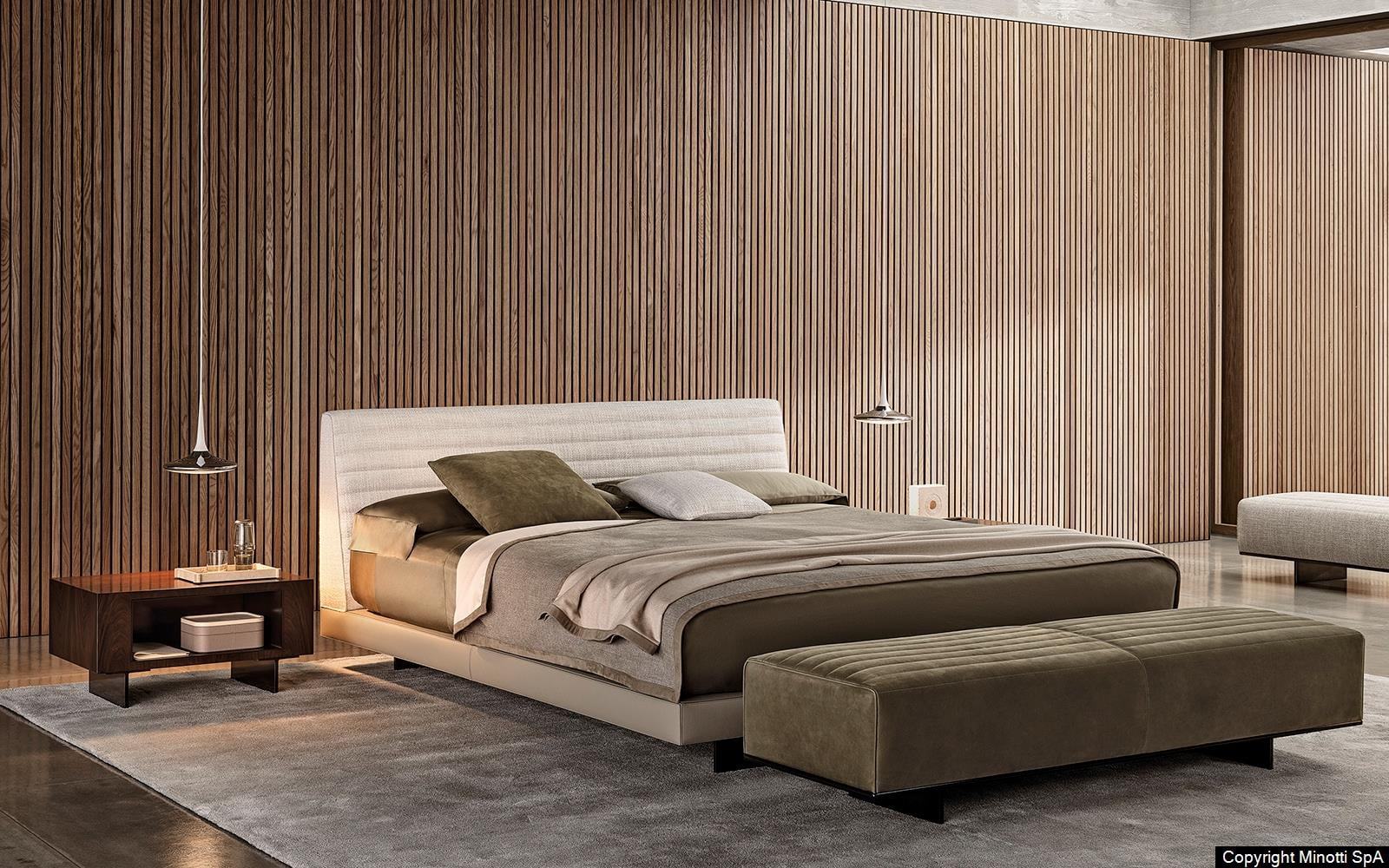 sfeerfoto slaapkamer MINOTTI ROGER bed achterwand hout