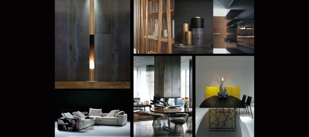 Interieuradvies sfeercollages Flexform bank, haard, blauwstaal en accessoires