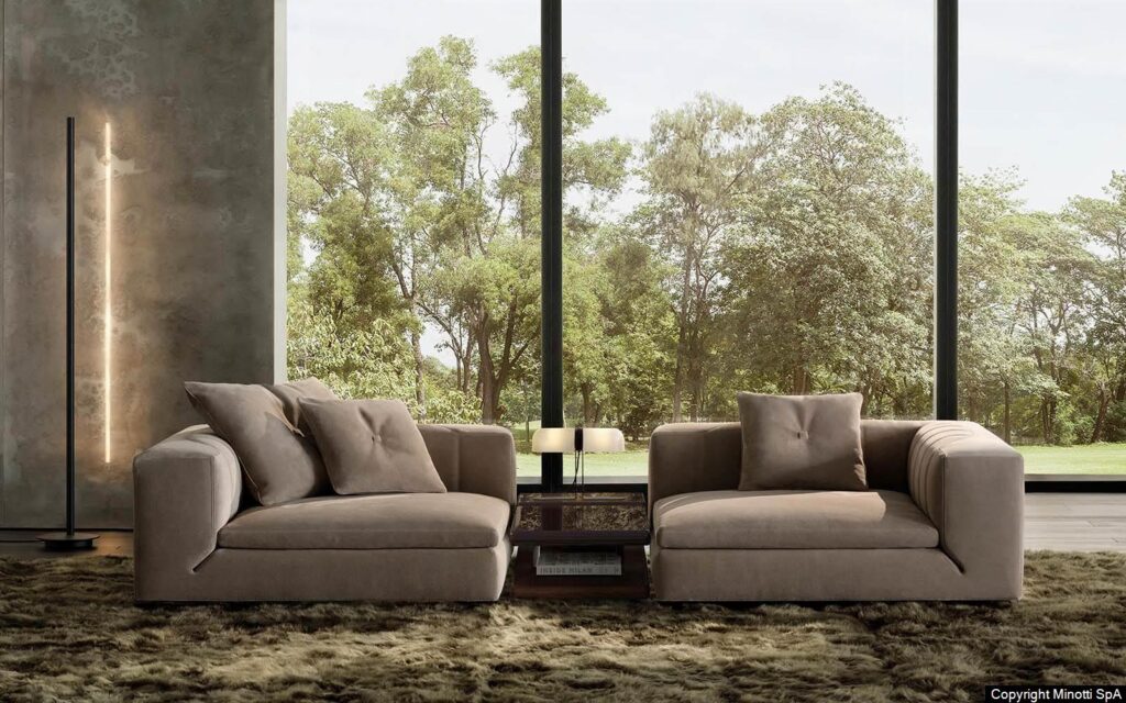 Minotti Riley bank Hannes Peer interieur sfeerfoto bruine taupe grijze bekleding