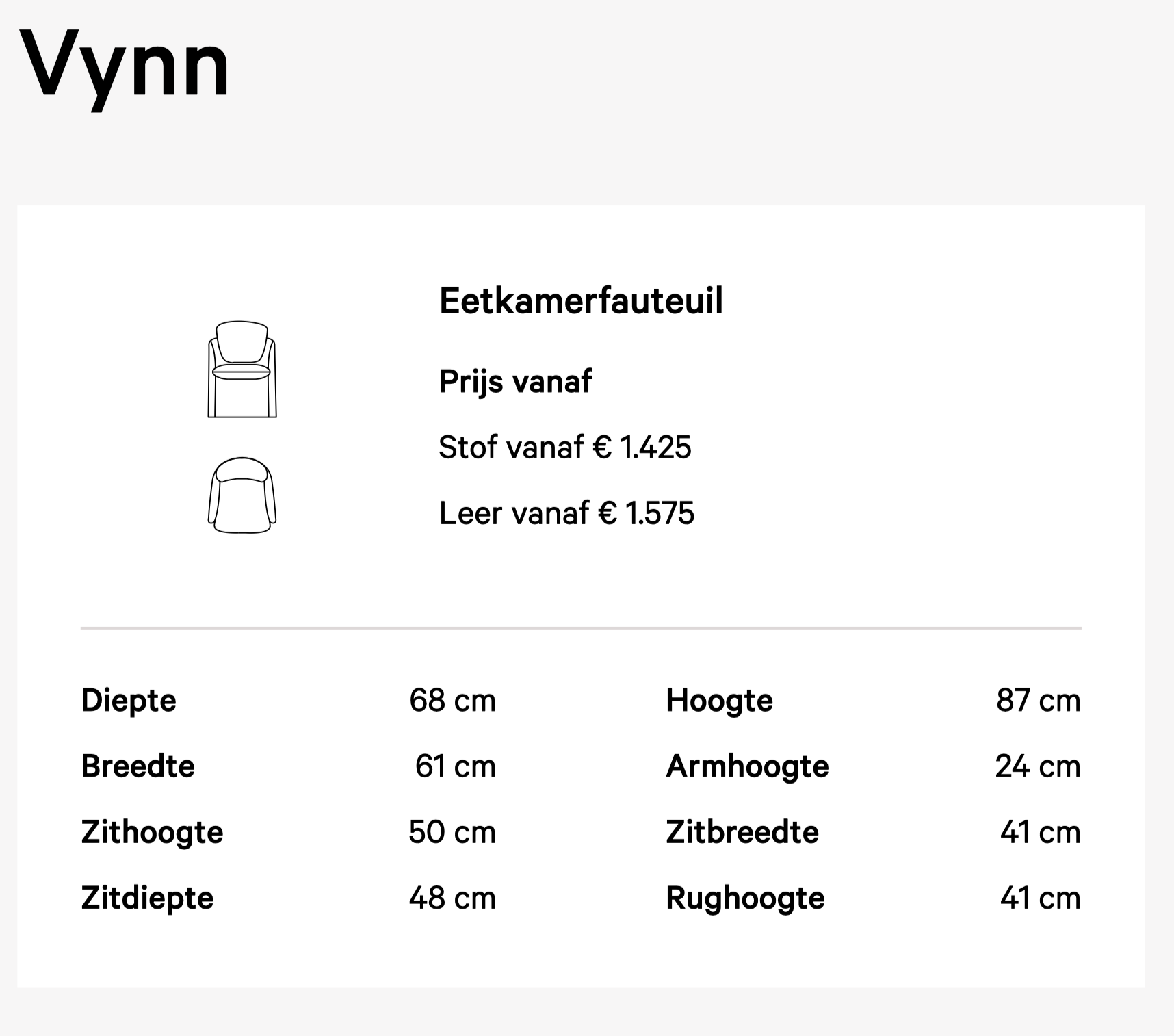 Leolux Vynn eetkamerstoel afmetingen